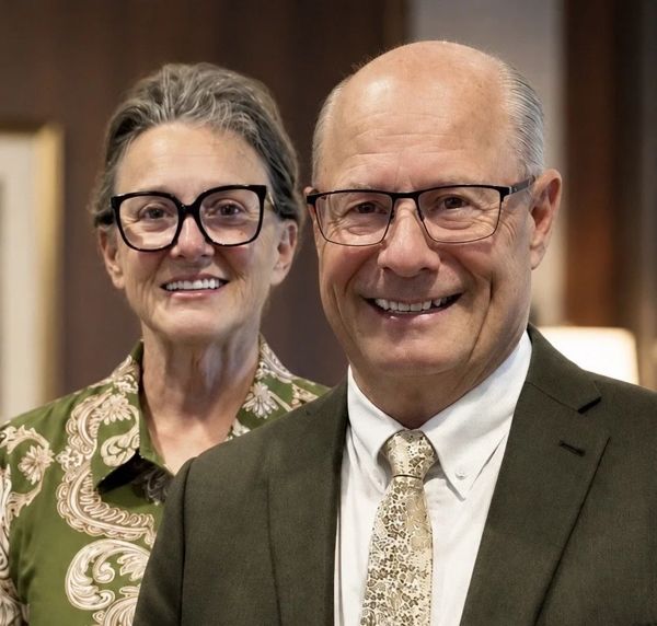 Larry Schoonover smiling, standing with his wife Delia